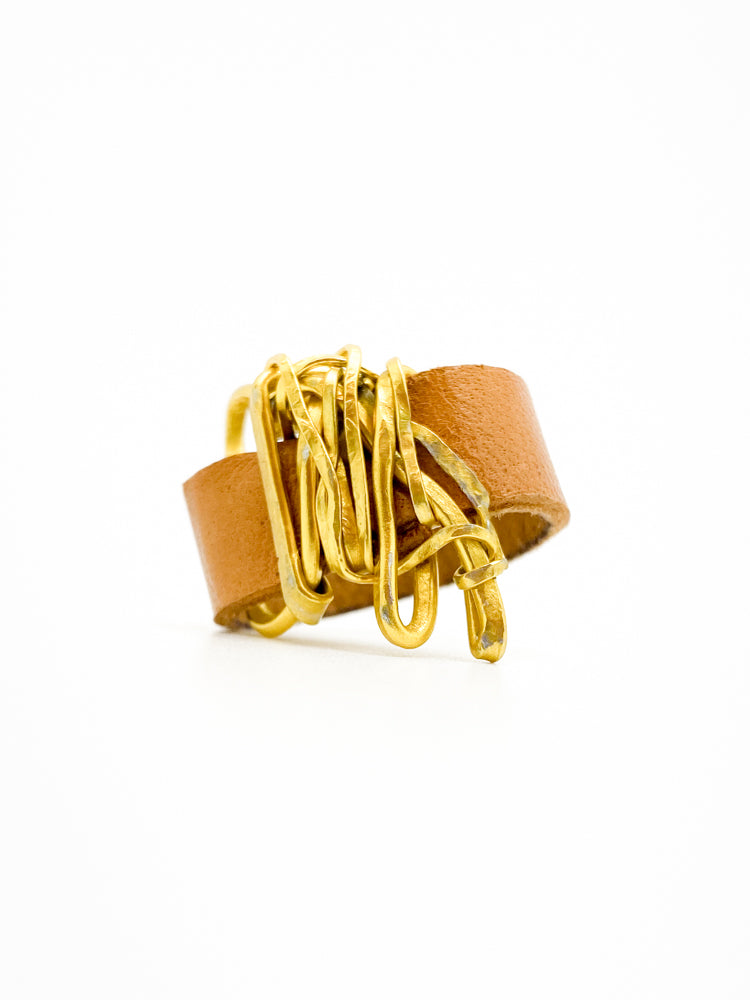 Tim Men's Ring Front Unisex Leather Brown Gold